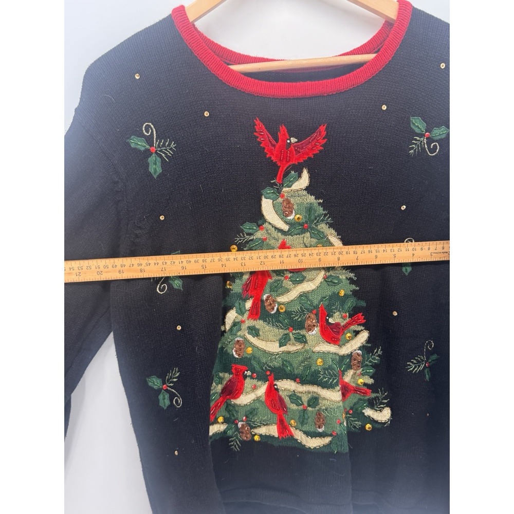 Vintage Christmas Sweater Women L Cardinal Tree Embroidered Beaded Ugly Xmas - Picture 5 of 6